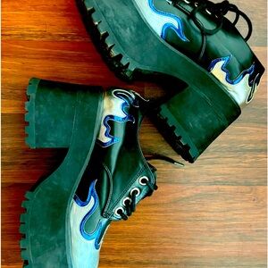 Dolls Kill - Adorable black with blue and silver flame platform loafers